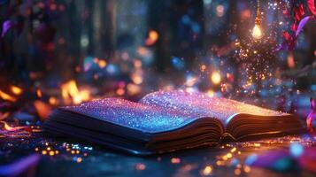An open book glows with light and magic, sparkling in the dark, creating an enchanting and mystical atmosphere for the reader. photo