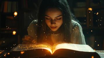 Young woman engrossed in an open book, illuminated by golden light and surrounded by floating sparkles in a cozy, dimly lit library. photo