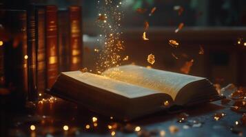 Open book with golden light and magical elements. Reading illuminates the mind and sparks imagination for endless possibilities. photo