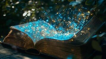 An open book emits a mesmerizing display of glowing particles, creating a sense of wonder and imagination, inviting readers into its magical world. photo