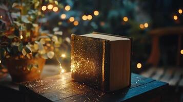 A vintage book covered in golden speckles on a wooden surface, surrounded by soft, warm lights and a plant creating a magical ambiance. photo