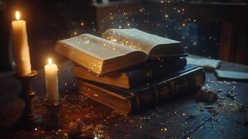 Illuminated books and candles create a cozy, enchanting atmosphere, inviting exploration and imagination in a dimly lit setting. photo