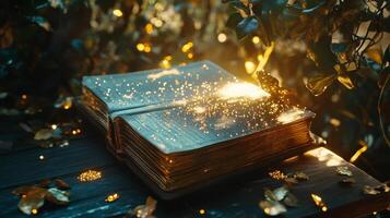 An open book rests in a mystical forest setting, glowing with ethereal light, inviting readers to get lost in the magic within its pages. photo