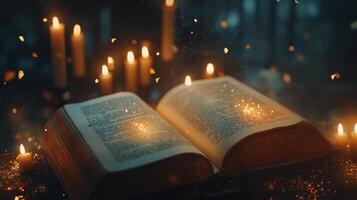 Open book illuminated by candlelight, casting a warm glow with glittering details and a mysterious, enchanting ambiance in a dark setting. photo