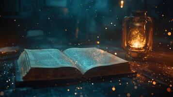 Open book illuminated by lantern light, sparking mystery and inviting readers into worlds of untold stories and enchanting possibilities. photo