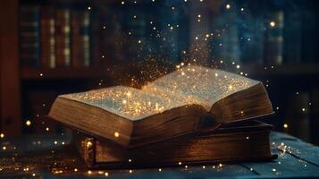 Open antique books, magical sparks, knowledge and mystery. An old library with aged tomes and vintage allure for reading enthusiasts. photo
