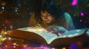 Enchanting scene of a woman engrossed in a magical book, with sparkling light swirling around her, creating a dreamy and wondrous atmosphere. photo