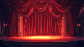 A theatrical stage bathed in red light, draped with heavy red curtains, evoking a sense of drama, performance, and anticipation. photo