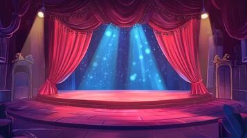 Elegant theater stage adorned with crimson curtains, illuminated by blue spotlights, setting the scene for a captivating performance. photo