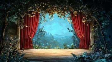 An enchanting forest stage with red curtains, framed by lush trees, opens to a misty mountain view, creating a magical, theatrical spectacle. photo