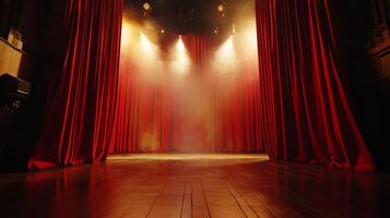 A theatrical stage with heavy red curtains, lit by stage lights creating a sense of drama and anticipation. The stage is wooden and reflective. photo