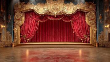 Opulent stage with red velvet curtains and intricate gold detailing. Theatrical presentation space, ready for a performance. photo