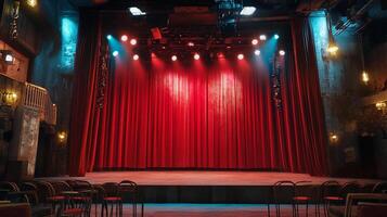 An empty theater stage with a red curtain, illuminated by stage lights. Ready for a performance in this rustic setting. photo