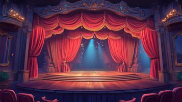Elegant theater stage with red velvet curtains, ornate details, and soft spotlight, inviting anticipation and drama for performances. photo