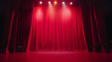 A theatrical stage bathed in vivid red light, featuring draped curtains and an invitingly empty performance space, creating a sense of drama. photo