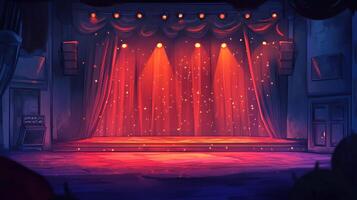 A stage bathed in crimson lighting, flanked by curtains, awaits its performers in a scene ready for a captivating performance. photo