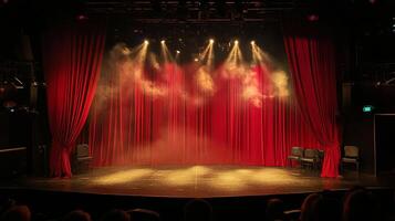 A theatrical stage with open red curtains, illuminated by spotlights, creates an atmosphere of anticipation and dramatic presence. photo