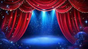 A vibrant stage with red curtains, bathed in blue light, creating a dramatic atmosphere of performance and spectacle in an indoor space. photo