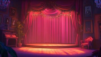 A grand, red-curtained stage awaits performance under soft lighting, framed by vintage decor for a nostalgic, theatrical atmosphere. photo