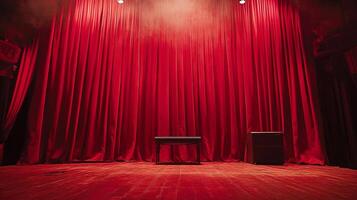 A captivating view of a stage with closed red velvet curtains and a wooden floor, lit by two spotlights and waiting for the show to start. photo