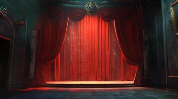 A dramatic stage bathed in red light, ready for the curtains to rise. The set design conveys a sense of anticipation and performance. photo