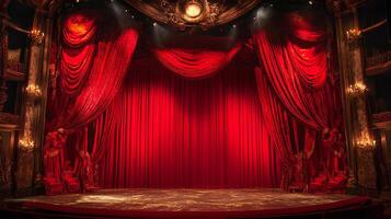 Opulent theater stage with majestic red velvet curtains, luxurious details, ornate architecture, and a hint of anticipation for a grand performance. photo