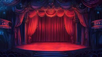A lavish theater stage with rich red curtains and ornate details, awaiting a captivating performance in its dramatic ambiance. photo