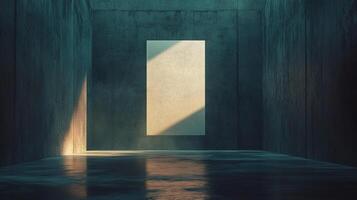 Abstract geometric composition in a minimalist concrete space, with a rectangular void and light creating an ethereal atmosphere. photo