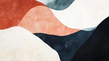 Abstract landscape with flowing shapes in red, blue, and white tones, creating a serene and modern visual impression. photo