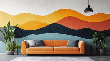 Cozy living room with a vibrant, textured wall mural, a comfortable couch, and indoor plants adding a touch of nature to the space. photo