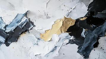 Abstract textured artwork with white, black, gray, and gold paint creating dynamic, flowing forms and a modern, sophisticated aesthetic. photo
