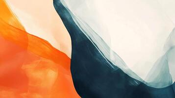 An abstract artwork featuring orange, blue, and white hues in flowing brushstrokes and blended textures create visual depth and interest. photo