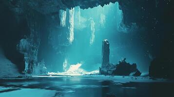 Serene turquoise cave interior featuring a pool of water reflecting light, stalactites, and rock formations in an otherworldly setting. photo