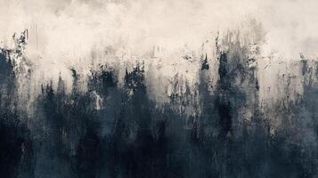 An abstract landscape painting featuring a dark forest against a light sky, showcasing textured brushstrokes and a serene, moody atmosphere. photo