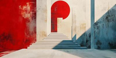 A captivating image featuring a modern architectural design with contrasting red accents and ascending steps, bathed in soft, diffused sunlight. photo