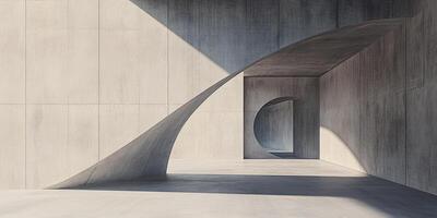 Concrete architecture showcases an impressive curvilinear form and a circular opening, bathed in soft light and shadow creating unique patterns. photo