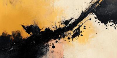Abstract painting featuring bold black strokes against a yellow and beige backdrop, creating a dynamic and artistic composition. photo