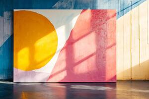 Abstract art piece with shapes and colors. A sunny yellow circle shines alongside a pink form, casting shadows in a bright space. photo
