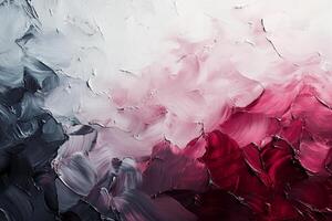 Abstract art piece featuring thick brushstrokes in shades of gray, white, and pink, creating a textured and layered surface. photo