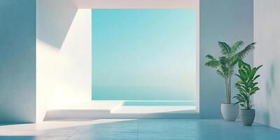 Serene indoor scene with a view of the ocean framed by white walls, complemented by potted greenery. Calm, peaceful, relaxing scenery. photo