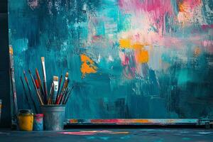 Colorful abstract art studio scene with paint brushes, abstract artwork, and vibrant colors, showcasing artistic expression. photo