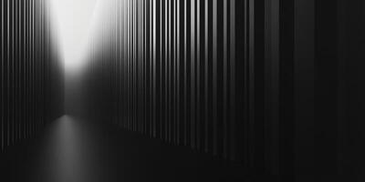 A monochromatic image featuring parallel vertical lines creating an abstract corridor, ending with a burst of light in the distance. photo