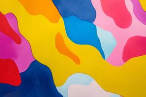 A vibrant abstract art piece with flowing shapes of red, yellow, blue, pink, and orange, creating a playful and modern design. photo
