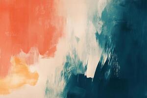 Abstract art featuring brushstrokes of teal, orange, and white, blending dynamically to create a textured and colorful surface. photo