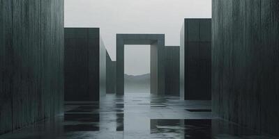 Monochromatic vision of concrete structures under a somber sky. An architectural exploration of form, shadow, and reflective surfaces. photo