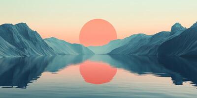 Serene mountain range mirrored in calm waters under a soft sunrise sky. Peaceful nature scene with calming colors and reflections. photo