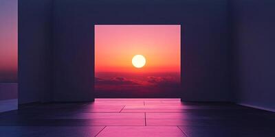 An open square door to an illuminated horizon on the ocean at sunset viewed from inside an empty dark room with a tiled floor. photo