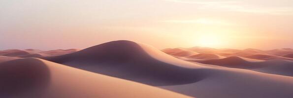 Golden desert landscape with soft, rolling dunes, bathed in the warm glow of the rising or setting sun creating serene, natural scenery. photo