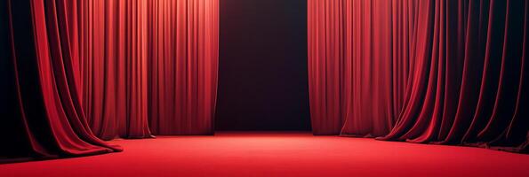 A grand stage with vibrant red curtains, suggesting anticipation and theatrical performance in a dramatic and elegant setting. photo
