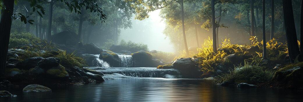 Sunlit stream flowing through a dense forest, creating a serene and captivating natural scene with lush foliage and tranquil atmosphere. photo